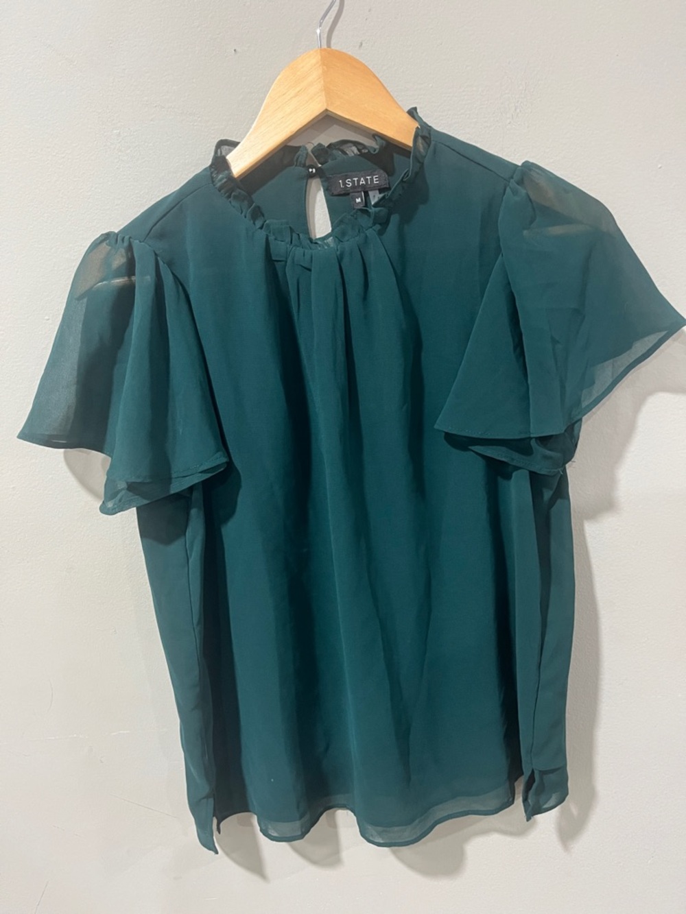 STATE Deep Teal Ruffle Neck Flutter Sleeve Top